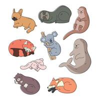 Set of cute hand drawn different sleeping animals. Cartoon sleepy cat, otter, seal, koala, French bulldog, rabbit, fox, red panda and sloth animal. illustration vector