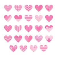 Pink heart icon collection with various patterns. Dots, stripes and various ornaments. Decoration elements for greeting and love cards. illustration vector