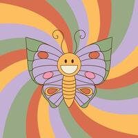 Groovy background with smiling butterfly and swirl sunburst rays. 70 s Hippie retro style. illustration vector