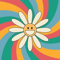 Groovy background with smiling daisy flower. Swirl sunburst rays background. 70 s Hippie retro style. illustration vector