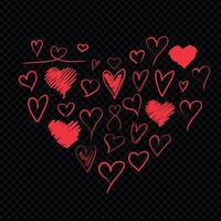 Hand drawn heart of hearts on dark transparent background. Doodle simple hearts in different shapes. illustration vector