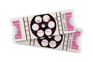 Two cinema tickets with barcode in realistic style. Front view. Design with film reel. Cinema ticket template. illustration vector
