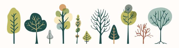 Tree collection hand drawn flat design element. botanical set of bare trees and ones with leaves and lush limited pastel color vector