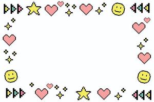 Pixel art frame with funny elements. Smile, music, heart, star, sparkle. Colorful design. Y2k trendy playful pixelated summer background and banner, poster template. vector