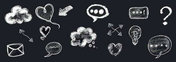 Speech bubble set, texture comic talk balloon doodle kit, hand drawn crayon cloud message. Speak dialog communication frame, hearts, arrow, question. Chalk marker speech bubble drawing box vector