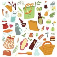Set of colored elements of environmental themes paper bag, grocery bag, cutlery, groceries, cosmetics, water, greens. Thoughtful use, spaciousness, storage. Isolated objects on white background. Flat vector