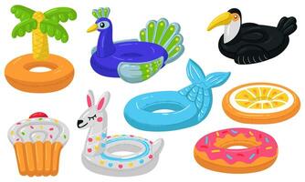 Set of swimming circles in the form of donut, Lama, mermaid, cupcake, orange, Toucan, peacock, Palma. The floating animals are suitable for a summer themed pool party. Isolated illustration Collection vector