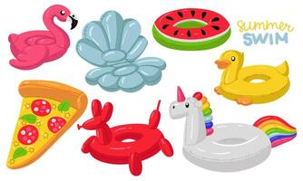 set of swimming circles in the form of Flamingo, cockleshell, watermelon, unicorn, pizza, inflatable dog, duck. The floating animals are suitable for a summer themed pool party. Isolated illustration vector