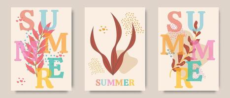 Creative concept for summer botanical poster set. Modern vibrant abstract design with typography, geometric abstract shapes with overlay effect. Template for branding, advertising, banner, cover, card vector
