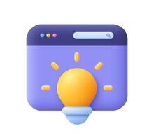 Web landing page or web banner with light bulb. Online learning and education, creative solutions, idea concept. 3d icon. Cartoon minimal style. vector