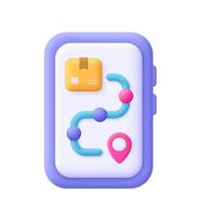 Smartphone with delivery logistic route path, package parcel box and navigation location pin. Delivery application. Online order tracking. 3d icon. Cartoon minimal style. vector