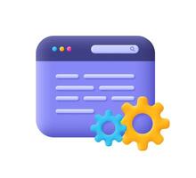 Website browser and gear cogwheel. Web optimization, web development, setting and maintenance. 3d icon. Cartoon minimal style. vector
