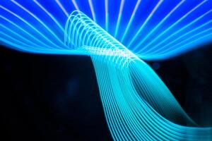 Neon lights glow and flash technology background with flying design elements. photo