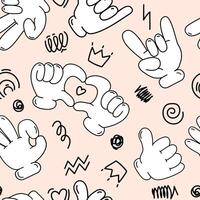 Retro cartoon hands gestures in gloves seamless pattern.Comic arms showing different gestures background with doodles. Fun pattern for print, paper, poster, textile, wallpaper and other design. vector
