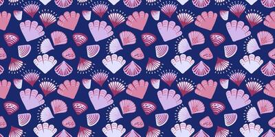 Abstract artistic purple seashells seamless pattern on a dark blue background. Creative shapes marine printing. hand drawing.Template for designs, notebook cover, wrapping paper, exotic vector