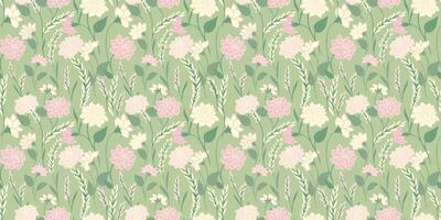 Pastel summer blooming meadow seamless pattern on a green mint background. Abstract artistic branches with wild flowers, small leaves, tiny buds printing. hand drawn. Template for designs vector