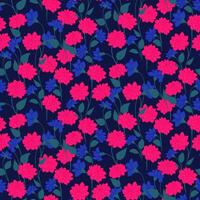 Blooming wild meadow seamless pattern on a dark black background. Abstract artistic branches with ditsy flowers, small leaves, tiny buds colorful printing. hand drawing. Template for designs vector