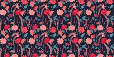 Colorful wild blooming meadow seamless pattern on a black background.Abstract artistic branches with red flowers, small leaves, tiny buds printing. hand drawing sketch. Template for designs vector