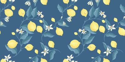 Tropical turquoise pattern with blooming yellow lemons, on branch with leaves . hand drawing illustration. Abstract artistic citrus printing intertwined in a seamless background. vector