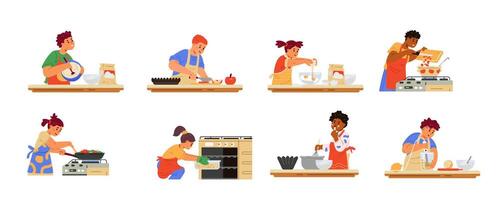 Different kids cooking flat illustrations set isolated on white. Children in aprons making dough, soup, frying, cutting, using stove. vector