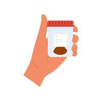Urine analysis. Hand holds container with stool sample. Plastic containers with biomaterial vector