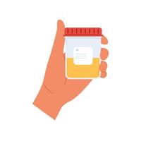 Urine analysis. Hand holds container with urine sample. Plastic containers with biomaterial vector