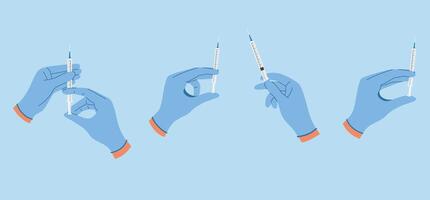 Set with doctor hands with syringe. Vaccination and immunization concept vector
