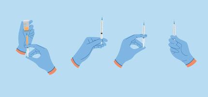 Set of illustrations with hands in rubber gloves hold syringes with liquid for injection vector