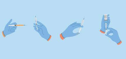 Set of illustrations with hands in rubber gloves hold syringes with liquid for injection vector