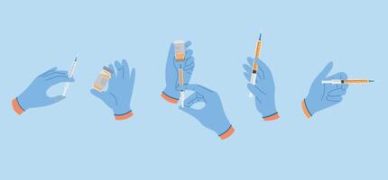 Set of illustrations with doctor hands in gloves with syringe with vaccine liquid. Vaccination concept vector