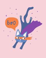 Halloween card with cute cat with batsuit. Cute character. Design for greeting card, invitation, background. Boo halloween lettering. vector
