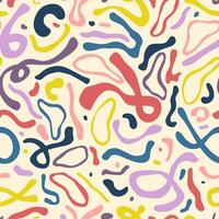 Abstract seamless pattern with various lines and shapes. Groovy shapes, curves, arcs. Hand drawn illustrations. Trendy print for fabric, wallpaper, packaging paper, backgrounds and decor. vector
