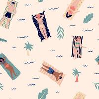 Seamless pattern with people lying on beach and sunbathing, reading books. People swimming, sunbathing and relaxing in the ocean. Illustration for fabric print. vector