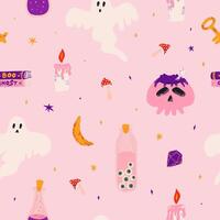 Cute seamless Halloween pattern. Background with skull, cauldron, ghost, candle, eyes in a vessel, potion. Pattern for fabric, postcard, textile, wrapping paper. Trick or treat event decoration. vector