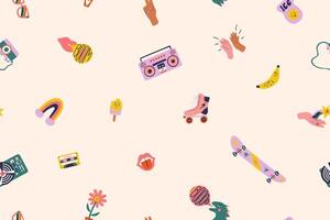 Summer seamless pattern with trippy cute characters, doodles and abstract shapes. Hand gestures, tape recorder, skateboard, cassette, stickers. Trendy modern print for fabric, wallpaper, background. vector