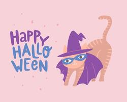 Halloween card with a cute cat dressed as a witch. Cute character. Design for greeting card, invitation, background. Halloween lettering. vector