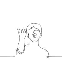 man raised his hand palm up - one line drawing . concept hand outstretched to the sky, waiting for help, donations, turning to God, a man stands under the rain and collects drops in his palm vector