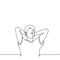 man stands with his hands on the back of his head - one line drawing . concept of procrastination, confident informal posture vector