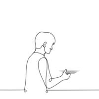 man with outstretched empty plate - one line drawing . concept a hungry man is waiting for food to be put on his plate vector