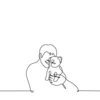 man hugging a puppy and smiling - one line drawing . concept miss your pet, dog lover vector
