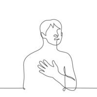 man clutching his chest with a grimace of pain - one line drawing . concept to dramatize, chest pain, hurt feelings vector