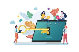 People with Gold key try to unlock laptop. ransomware malware virus computer vector