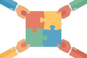 Hands put jigsaw puzzle together. Teamwork idea concept. vector