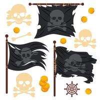 Set of pirate flags with coins and skulls on a white background. Black pirate flag with skull and crossbones in flat style. Set of cartoon tattered pirate flag. vector
