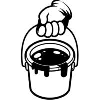 Hand of builder somewhere wearing protective glove is holding bucket of paint in monochrome. Painting repair work. Simple minimalistic in black ink drawing on white background vector