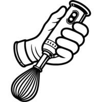 Chef hand holds hand blender with whisk attachment for whipping in monochrome. Simple minimalistic in black ink drawing on white background vector