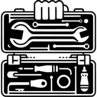 Hand of professional builder holds opened toolbox in monochrome. Tool box. Simple minimalistic in black ink drawing on white background vector