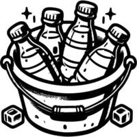 Drink bucket filled with cold water bottles and ice. Bowl with ice for cooling soda. Simple minimalistic in black ink drawing on white background vector