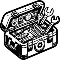 Toolbox is opened with instrument inside in monochrome. Box with many tools inside. Simple minimalistic in black ink drawing on white background vector
