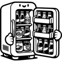 Refrigerator with open door filled with chilled carbonated drinks in monochrome. Supply of cool water in summer. Simple minimalistic in black ink drawing on white background vector